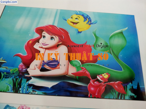 In tranh canvas mực dầu hình nàng tiên cá Ariel treo tường trang trí